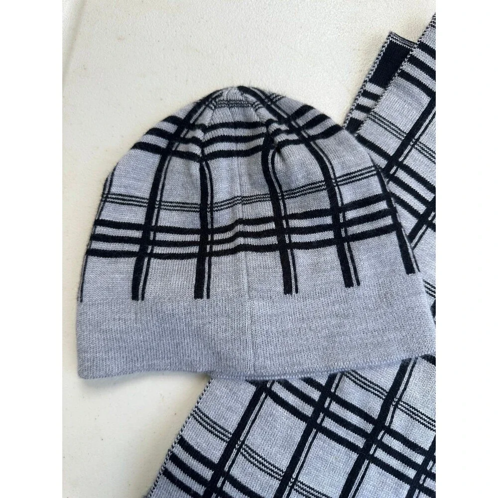 NWOT Kate Spade New York Plaid Grey Melange Black Bow Muffler Beanie Hat Set OS
